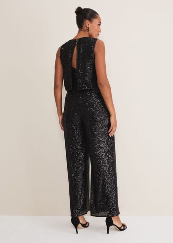 Phase Eight Aubrey Sequin Wide Leg Jumpsuit Black USA | 8065479-OX